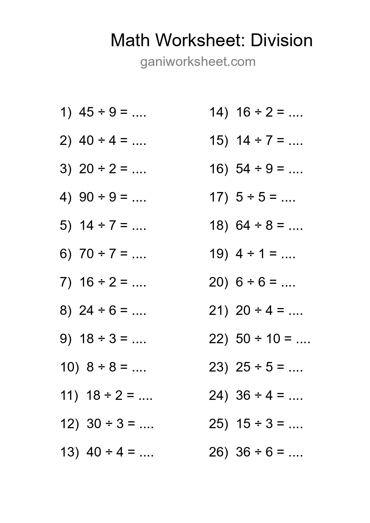 Printable Free 26 Division Math Worksheet For Grade 1 - Part 1444