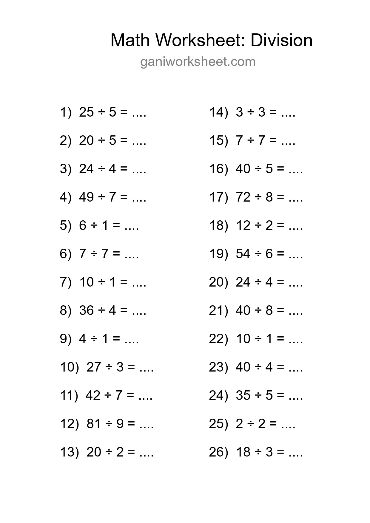 Printable Free 26 Division Math Worksheet For Grade 1 - Part 574