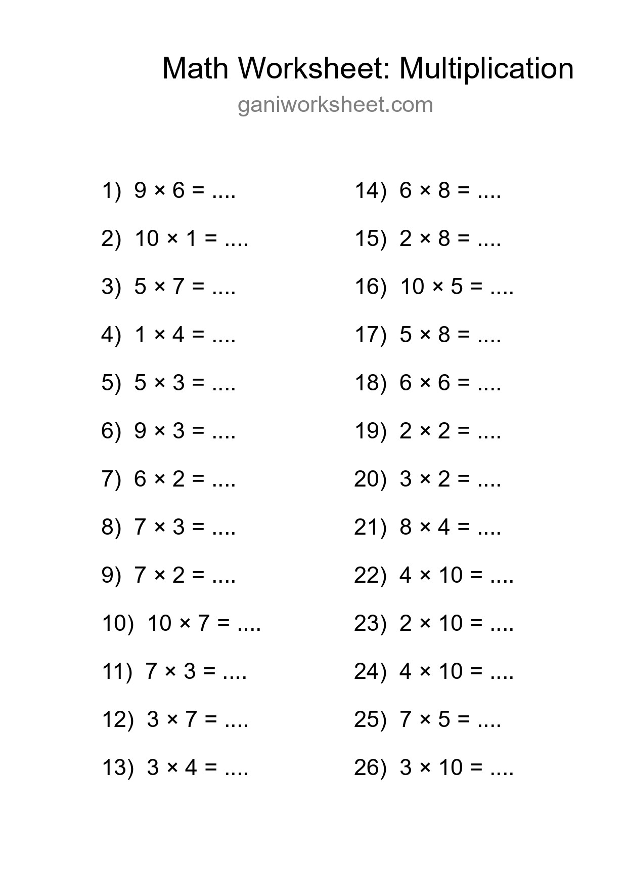 Printable Free 26 Multiplication Math Worksheet For Grade 1 - Part 1017