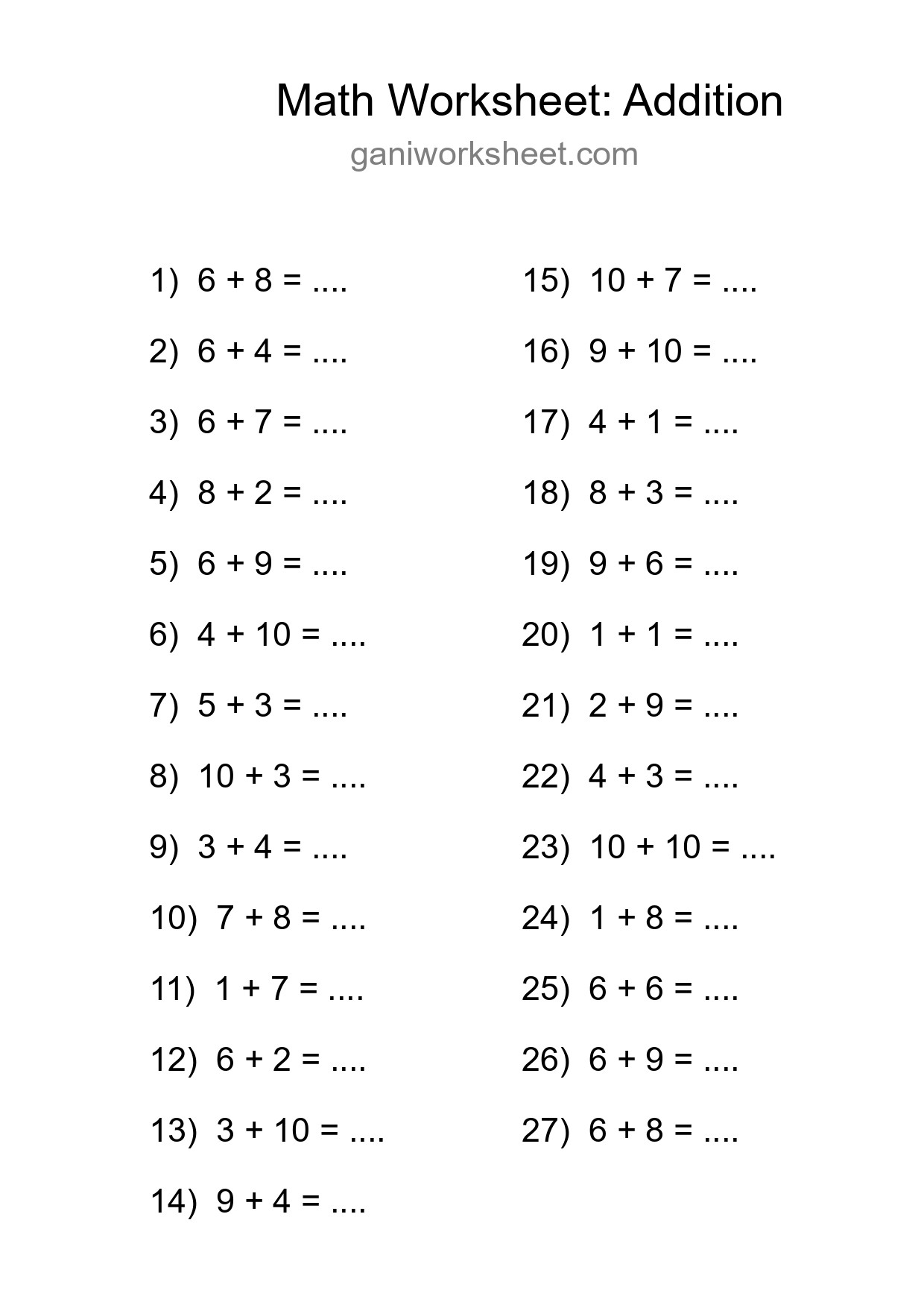 Printable Free 27 Addition Math Worksheet For Grade 1 - Part 161