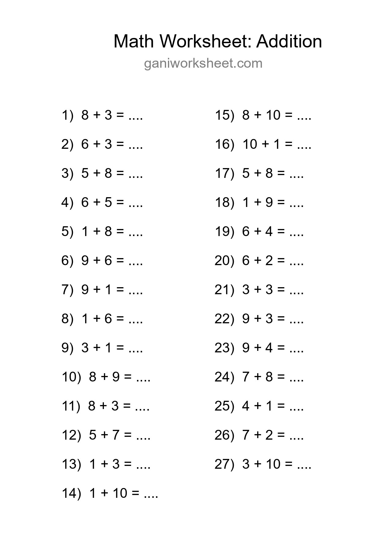 Printable Free 27 Addition Math Worksheet For Grade 1 - Part 931