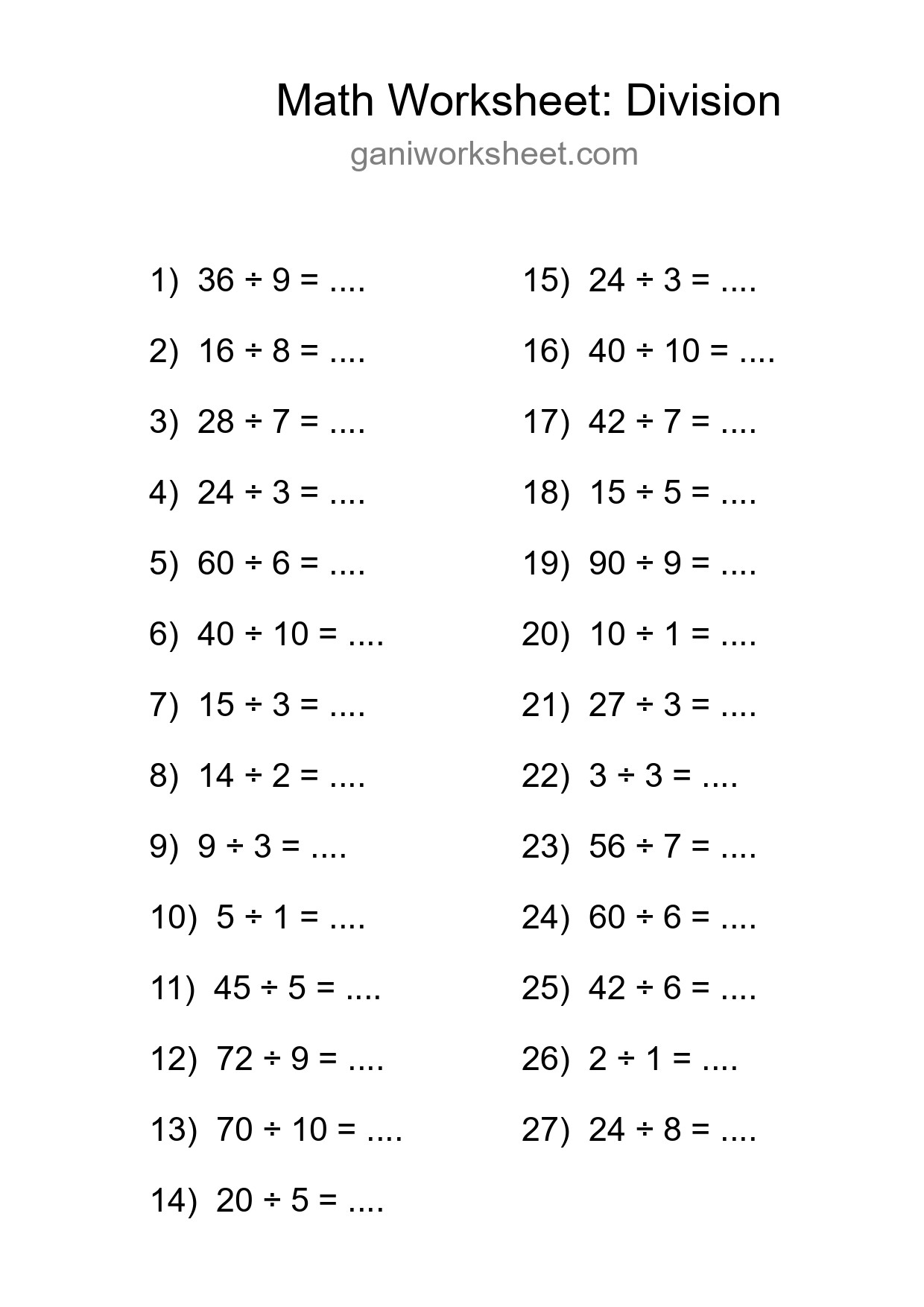 Printable Free 27 Division Math Worksheet For Grade 1 - Part 744