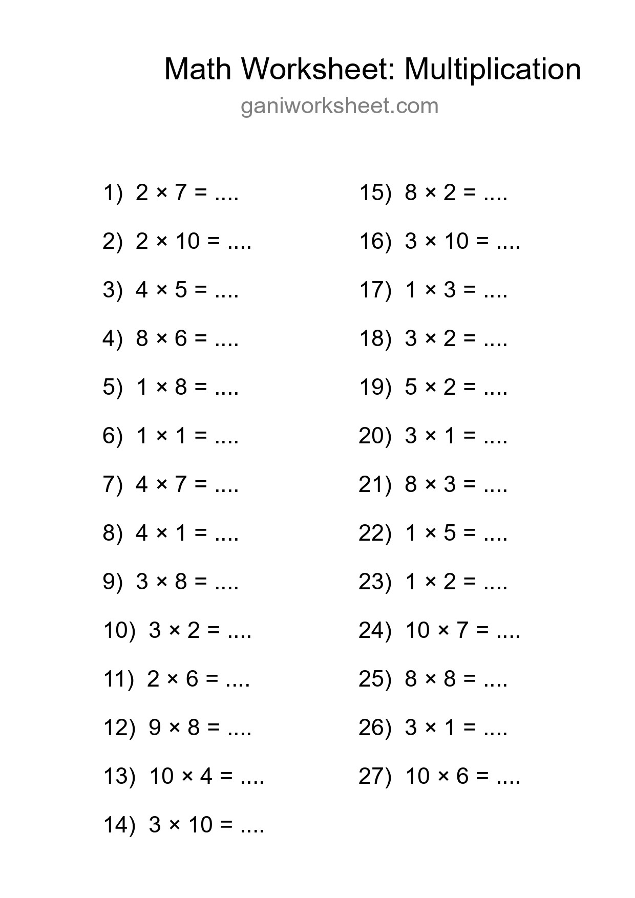 Printable Free 27 Multiplication Math Worksheet For Grade 1 - Part 1077