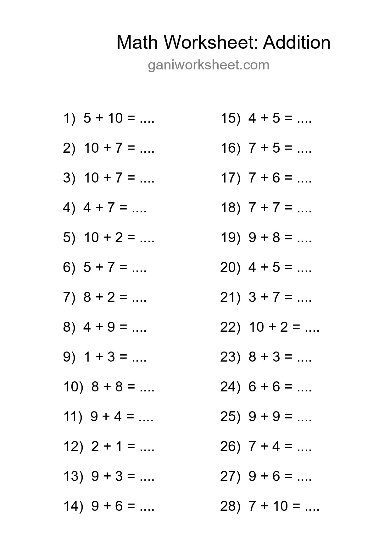 Printable Free 28 Addition Math Worksheet For Grade 1 - Part 1591