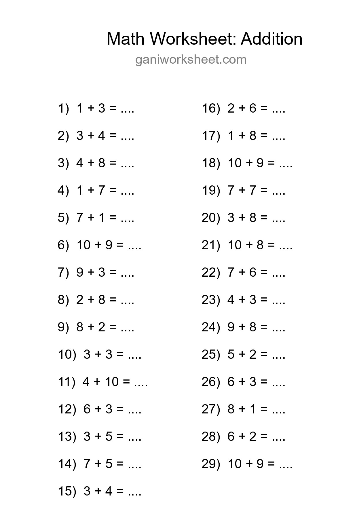 Printable Free 29 Addition Math Worksheet For Grade 1 - Part 301