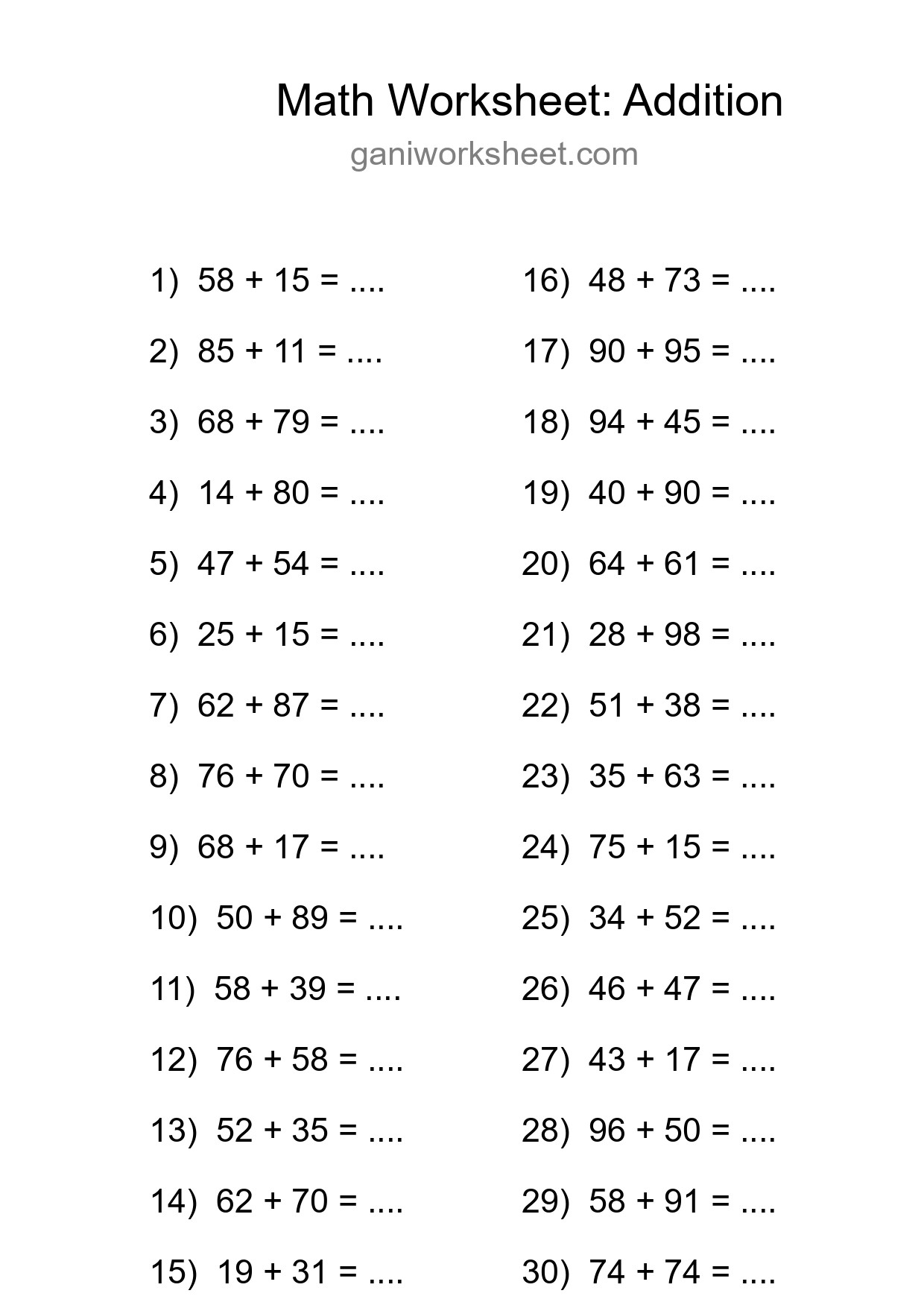 Printable Free 30 Addition Math Worksheet For Grade 3 - Part 131