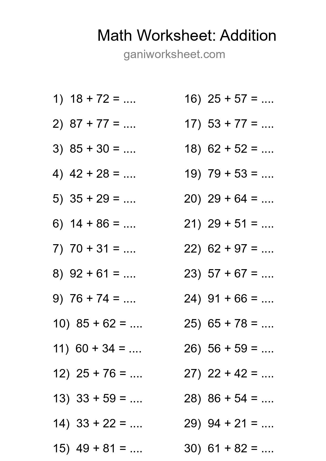 Printable Free 30 Addition Math Worksheet For Grade 3 - Part 1651