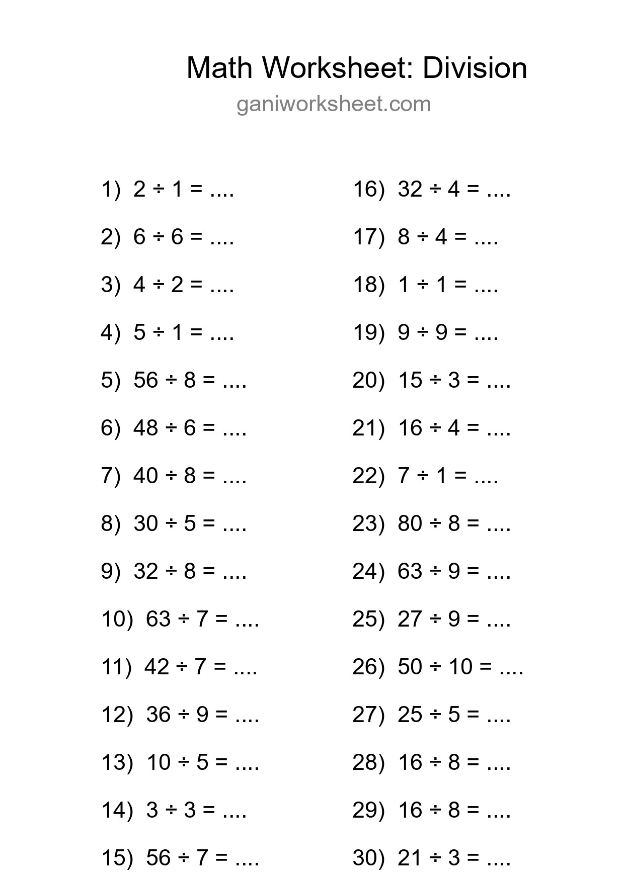 Printable Free 30 Division Math Worksheet For Grade 1 - Part 1294